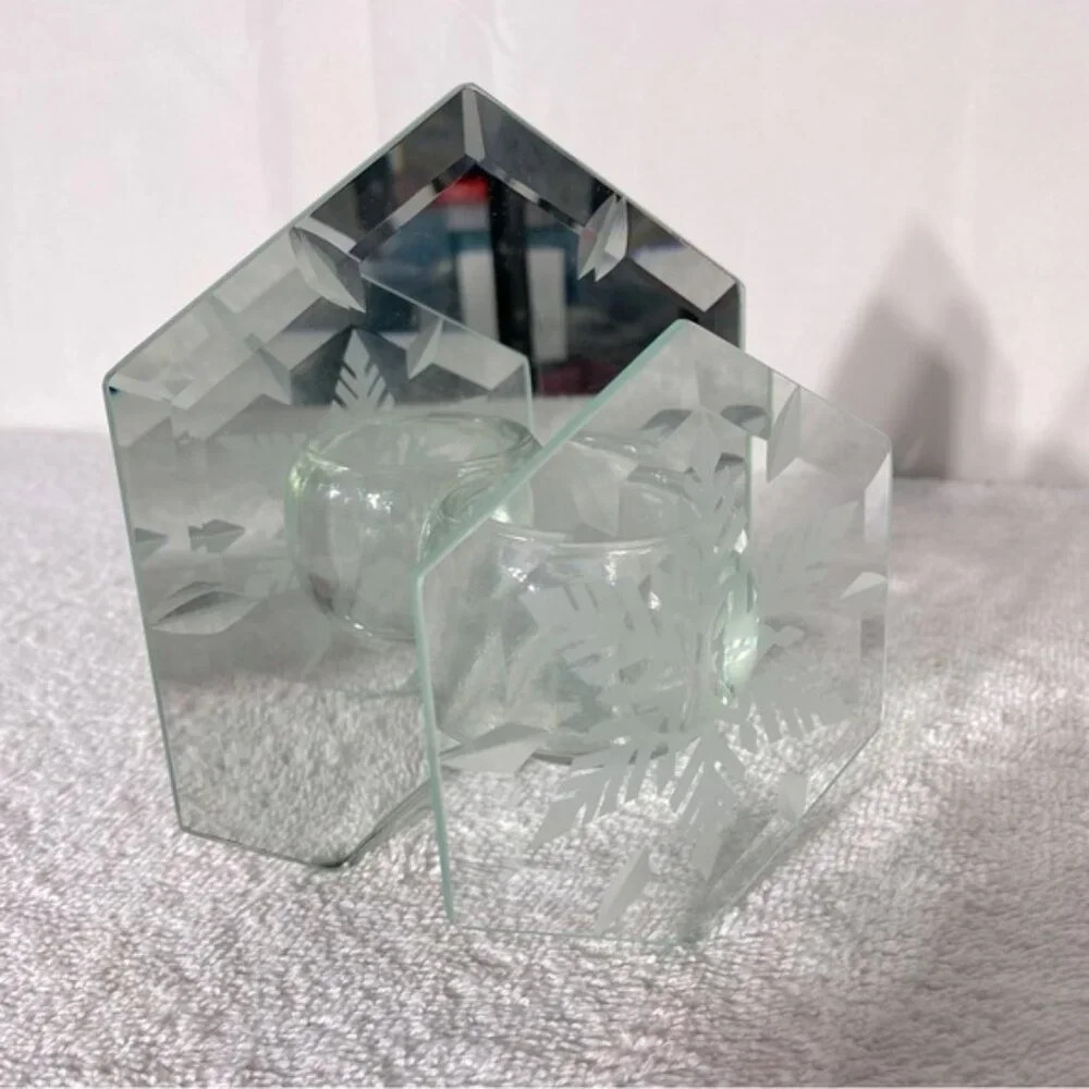 Vintage Glass Mirror Candle Holder Snowflake Winter Decor